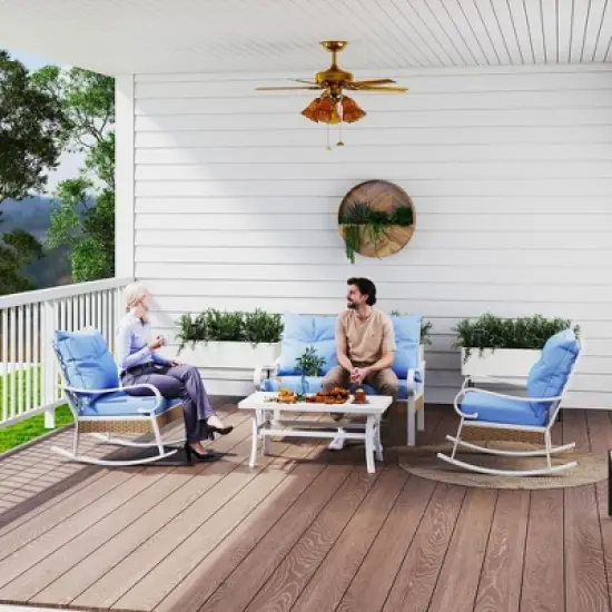 Outsunny 4 Piece Patio Furniture Set with Loveseat Sofa, Rocking Chairs, Coffee Table, Outdoor Conversation Set, Light Blue image {2}