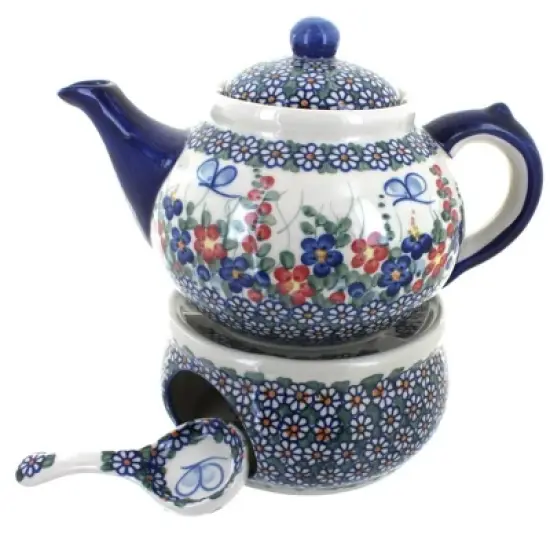 Blue Rose Polish Pottery 1886 Vena Teapot with Warmer & Candle Holder image {2}