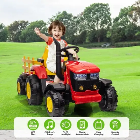 12V Kids Ride-On Tractor with Remote Control, Battery Powered Tractor Car Toy with Detachable Trailer, Music, Perfect for Boys & Girls, Red image {2}