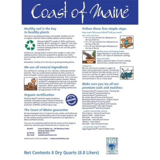 Coast of Maine OMRI Listed Wiscasset Blend Earthworm Castings Compost Plant Potting Soil for Container Gardens and Flower Pots, 8 Quart Bag (2 Pack) image {4}