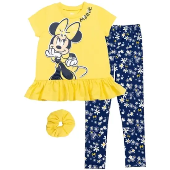 Disney Minnie Mouse Princess Frozen Little Mermaid T-Shirt Leggings and Scrunchie 3 Piece Outfit Set Infant to Big Kid image {10}