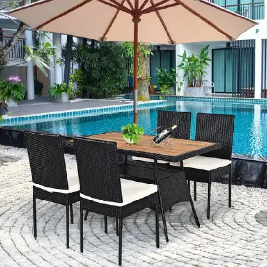Costway 5 PCS Patio Rattan Furniture Set Wood Top Table Cushioned Chairs Garden Yard Deck image {1}
