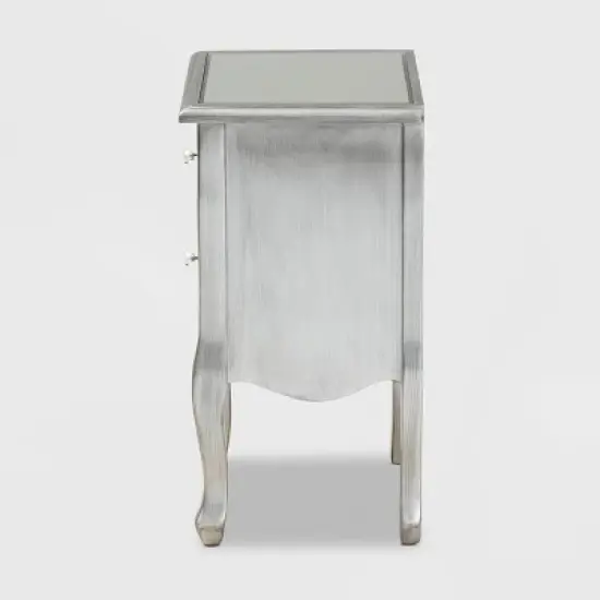 Leonie Wood and Mirrored Glass 2 Drawer Nightstand Silver - Baxton Studio image {3}
