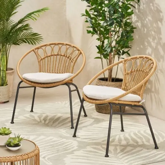 Banya 2pc Patio Wicker Chair with Cushions - Light Brown/Beige/Black - Christopher Knight Home: Outdoor Seating, PE Rattan, Metal Frame image {1}