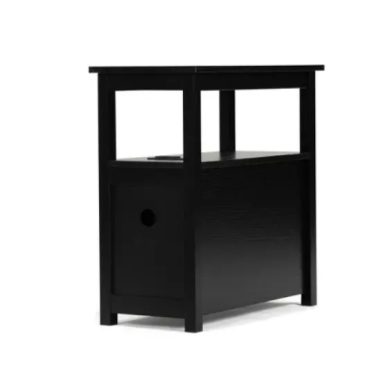 Resenkos End Table with Charging Station, Narrow Sofa Side Table, Wooden Nightstand, Bedroom Living Room Furniture, Black, Small Night Stands image {4}