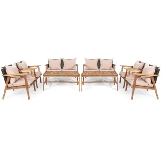 Tangkula 8PCS Patio Rattan Furniture Set Wood Frame Cushioned Sofa with Coffee Table Sectional Conversation Sofa Set for Garden Turquoise/Navy/Brown/Red image {10}