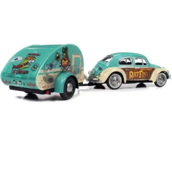 1966 Volkswagen Beetle "Happy Camper Rat Fink" w/Trailer Light Blue Dirty Version & Figure 1/24 Diecast Model Car by Auto World image {4}