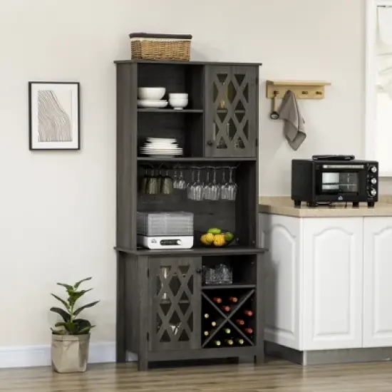 HOMCOM 72" Kitchen Pantry, Buffet with Hutch, Cupboard for Microwave, with 2 Door Cabinet, Wine Glasses Rack and 12-Bottle Wine Rack, Dark Grey image {2}