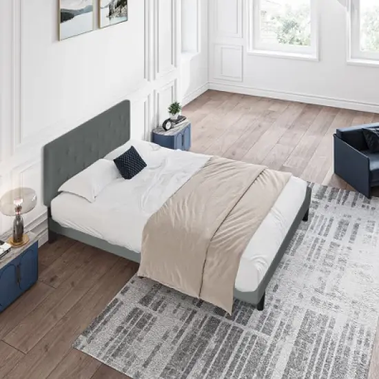 Okak Modern Platform Bed Frame with Upholstered with Linen Fabric Button Tufted Headboard Wood Slats No Box Spring Needed Easy Assembly image {1}