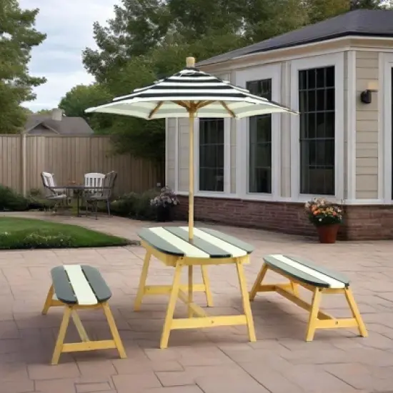 TopComfy Seating Sets Kids Picnic Table with Umbrella Outdoor Indoor Fun for Kid Room Living Room, Blue and White Stripes, 45.08"*25.79"*6.89" image {4}