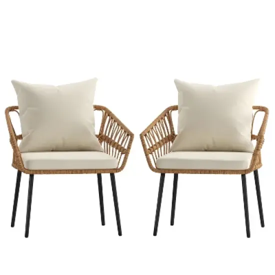 Emma and Oliver Indoor/Outdoor Bohemian Natural Rattan Rope Patio Chairs with Open Weave Design and Removable Plush Cushions image {4}