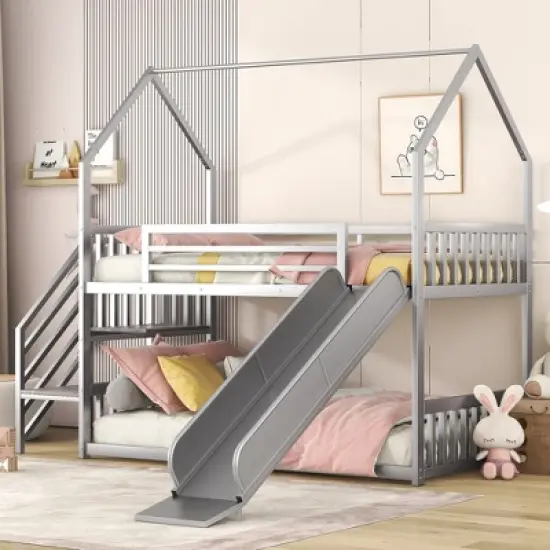 Twin over Twin Metal Bunk Bed House Bed with Slide and Staircase-ModernLuxe image {2}