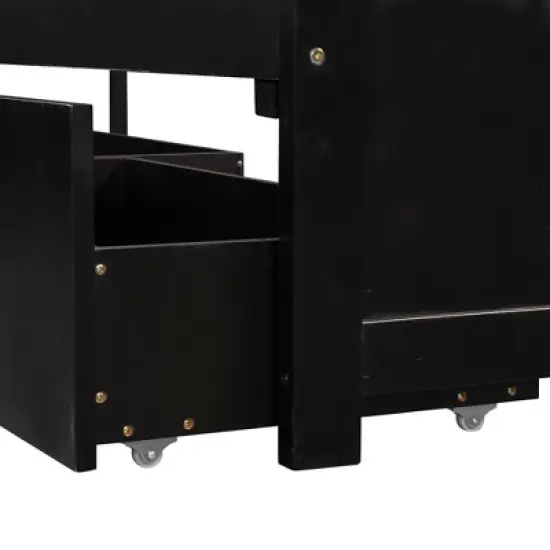 Twin Size Wood Platform Bed Frame, Triple Bed with Twin Trundle Bed, Drawers and Built-in Desk -ModernLuxe image {11}