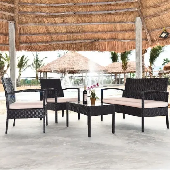 Costway 4PCS Patio Rattan Conversation Furniture Set Cushioned Seat Glass Table image {2}