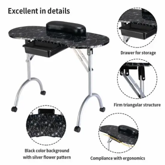 Costway Black Manicure Nail Table Portable Station Desk Spa Beauty Salon Equipment image {8}