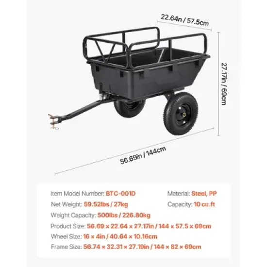 VEVOR Garden Utility Trailer, 10 Cu. Ft 500lbs, ATV UTV Hauling Trailer, Tow Behind Poly Dump Cart with 16" Tires, Hand Pull or Foot Pedal, Black image {7}