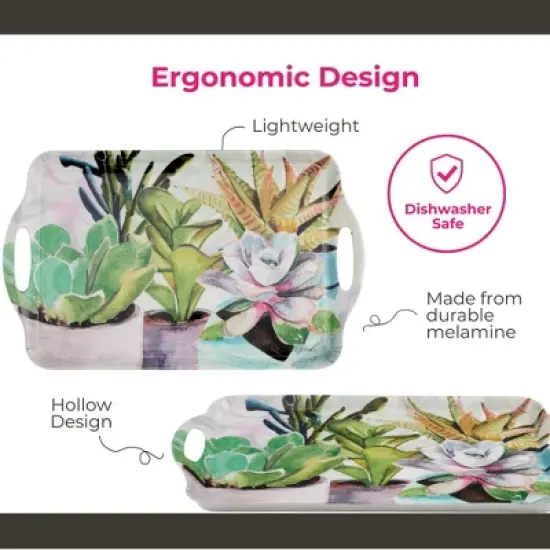 Pimpernel Succulents Large Handled Tray - 18.9" x 11.6" Melamine Serving Tray with Botanical Design - Dishwasher-Safe image {4}