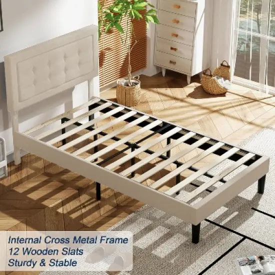 VECELO Twin/Full/Queen Size Upholstered Bed Frame Button Tufted Adjustable Headboard image {7}