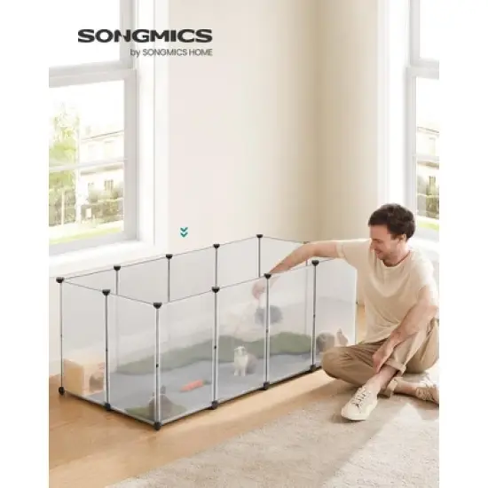SONGMICS Pet Playpen with Floor, Small Animal Pen, Pet Fence Indoor, DIY Plastic Enclosure, 57.1 x 28.3 x 22.4 Inches, Clear image {1}