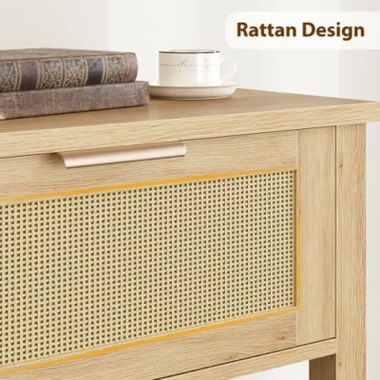 Entryway Table with Drawers, Rattan Console Table with Storage, Boho 2-Tier Sofa Table for Living Room and Hallway image {5}