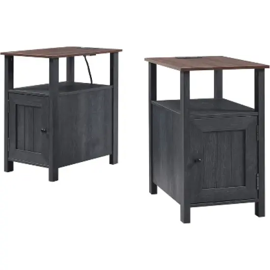 SinCiDo Farmhouse Set of 2 Nightstands w/Charging Station, Wood End Table with Barn Door & Open Shelves for Bedroom, Living Room image {7}
