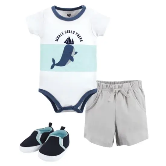 Hudson Baby Infant Boy Cotton Bodysuit, Shorts and Shoe Set, Underwater Whale image {7}