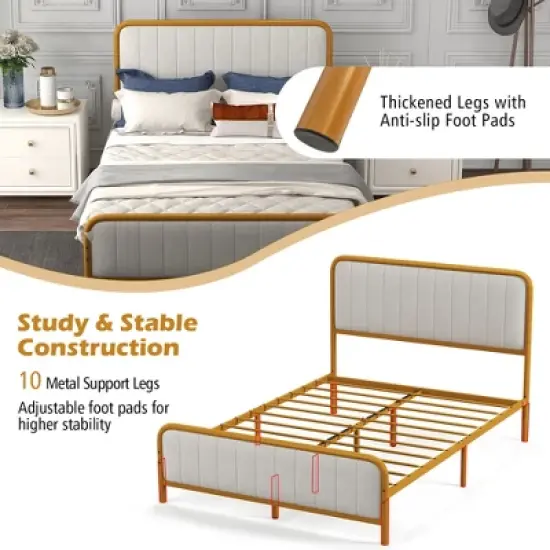 Costway Full Gold Metal Bed Frame Upholstered Platform Bed with Velvet Headboard image {5}