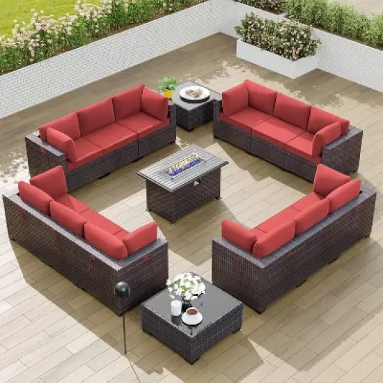 ALAULM 15PCS Outdoor Patio Furniture Set with Gas Propane Fire Pit Table PE Rattan Sectional Sofa Patio Conversation Sets image {9}