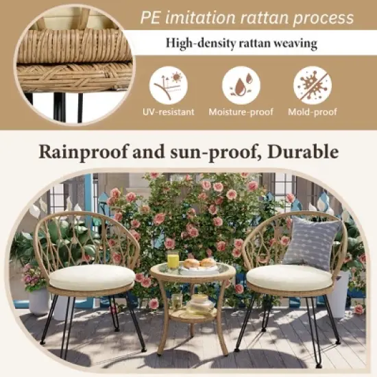 FIONECA 3-Piece Outdoor Leisure Set with 2 Rattan Chairs and Round Glass Table for Patio, Balcony, or Courtyard image {3}