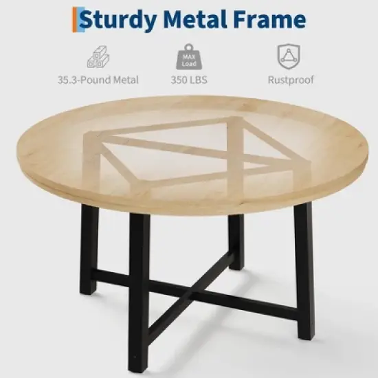 47" Round Dining Table for 4&ndash;6, Burlywood Kitchen & Dining Room Table with Sturdy Metal Frame and Thick Wood Top, Space-Saving Circle Table image {2}