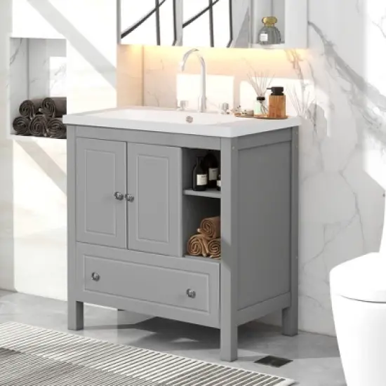 30" Bathroom Vanity with Ceramic Sink, Doors and Drawers - ModernLuxe image {12}