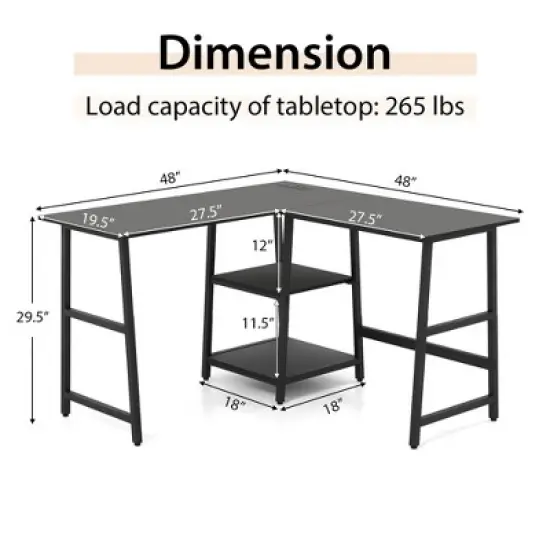 Costway L Shaped Corner Computer Desk Study Table w/Storage Shelves Black/Rustic Brown image {2}