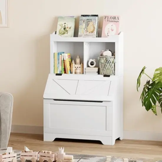 3-Tier Kids Bookcase and Toy Storage Organizer with Flip-Top Lid, Wooden Toy Chest for Playroom, Bedroom, Nursery image {6}