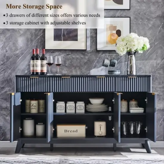 60" Buffet Sideboard Cabinet, Fluted Coffee Bar Table with 3 Drawers & 4 Doors, Modern Sideboard for Dining Room, Living Room image {1}