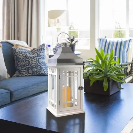 LumaBase Wooden Lantern with Battery-Operated Candle - White with Chrome Roof image {1}