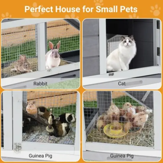 63" L Rabbit Hutch Indoor Outdoor 2 Story Large Bunny Hutch with Run Guinea Pig Cage Wooden Rabbit Cage with Removable 3 Pull Out Trays Pet House image {2}