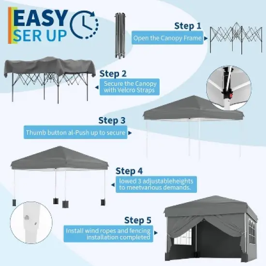 10'x10' Easy Pop Up Tent With 4 Detachable Window - Waterproof Portable Canopy With Carry Bag & Guy Lines for Camping, Outdoor Parties, Grey image {3}