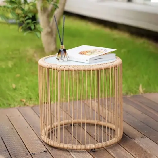 3pc Wicker Outdoor Bistro Serving Bar Set - Brown/Beige - GODEER image {4}