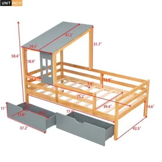 Twin Size House Low Loft Bed with Two Storage Drawers - ModernLuxe image {2}