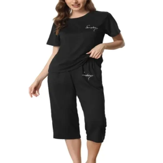 cheibear Womens Sleepwear Pajama Set Round Neck Nightwear Lounge Pjs with Capri Pants image {9}