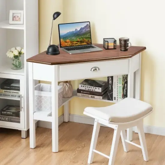 Costway Triangle Computer Desk Corner Office Desk Laptop Table w/ Drawer Shelves Rustic Natural &White image {1}