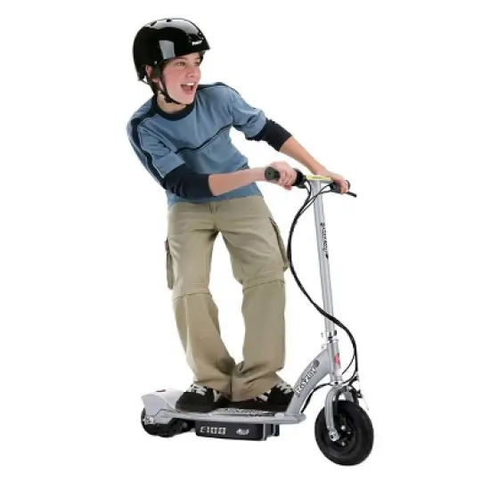 Razor E100 Kids Ride On 24V Motorized Powered Electric Scooter Toy, Speeds up to 10 MPH with Brakes and 8-Inch Pneumatic Tires, Ages 8 and Up, Silver image {1}