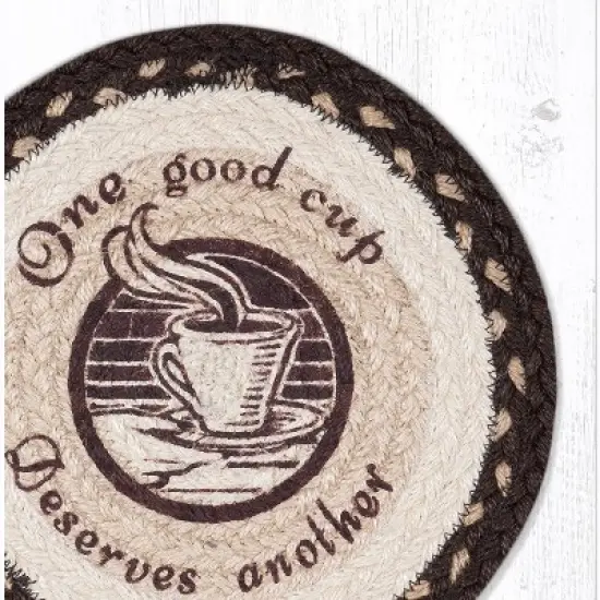 Earth Rugs One Good Cup Printed Round Trivet &ndash; 10"x10" Braided Jute Coffee-Themed Hot Pad with Rustic Typography Design image {1}