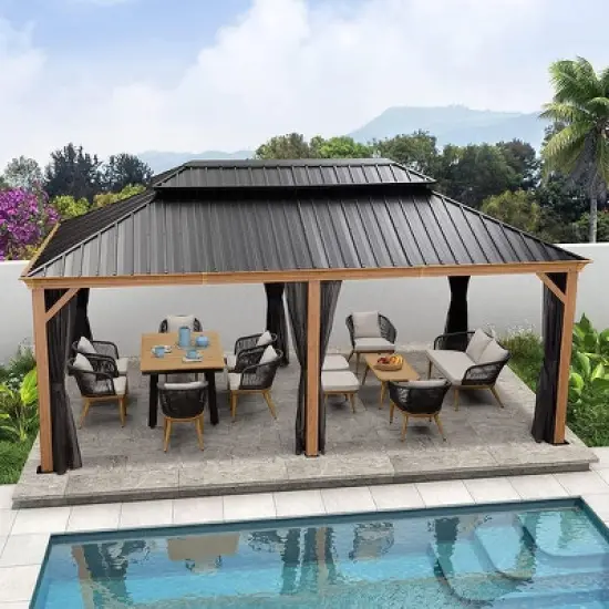 PURPLE LEAF Outdoor Hardtop Gazebo for Patio Galvanized Steel Double Roof Permanent Canopy Teak Finish Aluminum Frame Pavilion Gazebo with Netting image {13}