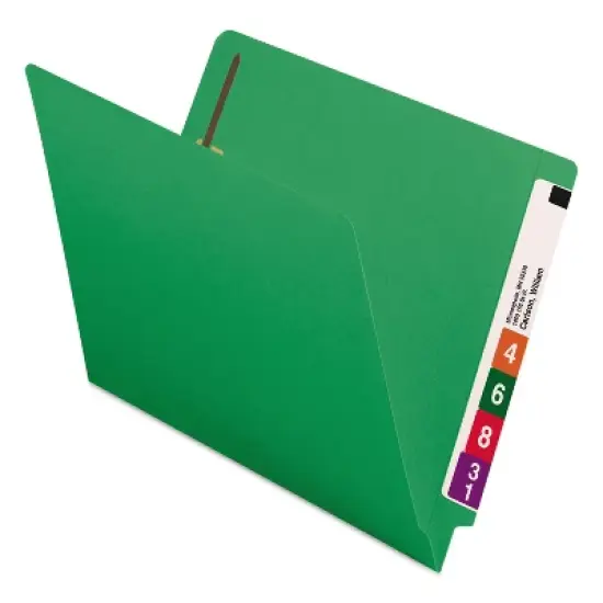 Smead Heavyweight Colored End Tab Fastener Folders, 0.75" Expansion, 2 Fasteners, Letter Size, Green Exterior, 50/Box image {1}