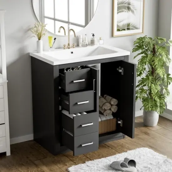 Bathroom Vanity with Ceramic Sink Combo,Solid Wood Frame Bathroom Storage Cabinet, Freestanding Vanity Set with 3 Drawers&Soft Closing Doors image {5}
