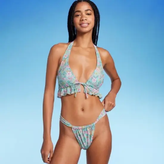 Women's Wide Strap Adjustable High Leg Bikini Bottom - Wild Fable&trade; Green Floral Print image {2}