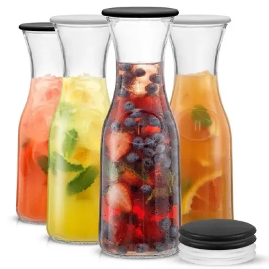 JoyJolt Hali Glass Carafe Bottle Water or Juice Pitcher with 6 Lids - 35 oz - Set of 4 image {8}