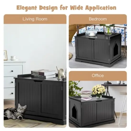 Costway Cat Litter Box Cabinet Furniture Cat Washroom Storage Bench Black image {7}