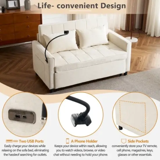 56.9"W Loveseat Sofa, Pull-Out Sleeper Sofa Bed with Adjustable Backrest, Side Pockets, Two USB Ports and A Phone Holder - ModernLuxe image {4}